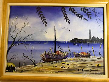 Marina notturna con barche – Olio su tela R.M.