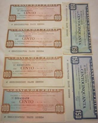Miniassegni Banca del Friuli 100 e 150 lire 76 77