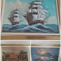 3 quadri paesaggi veliero cornice oro