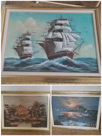 3 quadri paesaggi veliero cornice oro