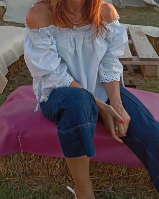 top spalle scoperte donna celeste