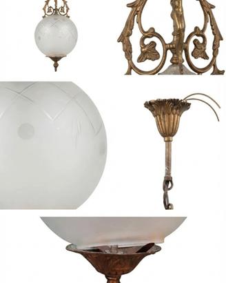 Lampadario Vintage in ottone e vetro satinato