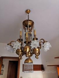 LAMPADARIO 15 LUCI IN OTTONE E CRISTALLO 