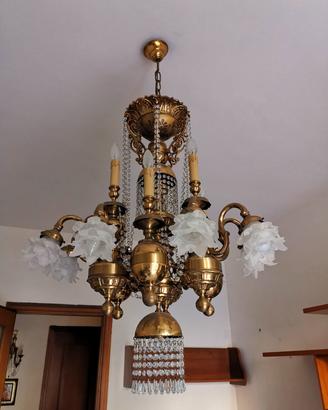 LAMPADARIO 15 LUCI IN OTTONE E CRISTALLO 