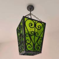 Lampadario Vintage in Ferro Battuto e Vetro Verde