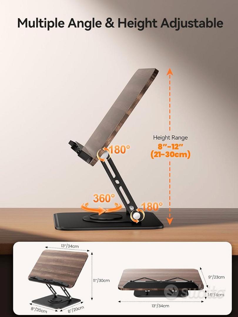 Leggio Da Tavolo In Legno Regolabile Con Base Girevole 360° E Clip Per Pagine – Supporto Pieghevole Per Libri, Tablet E Ricette – Portata 10kg - 3