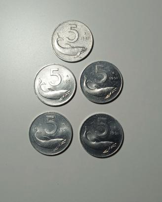 5 monete da LIRE 5 DELFINO 1951