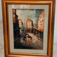 Quadro, Strada con cani dipinto a mano su tela.