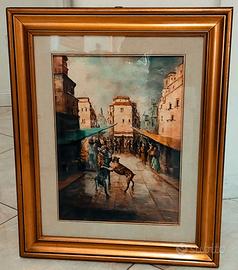 Quadro, Strada con cani dipinto a mano su tela.