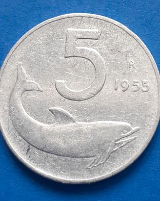 moneta rara 5 lire delfino del 1955
