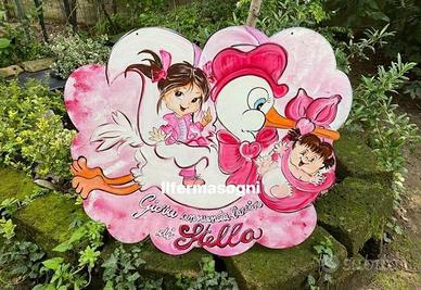 Fiocco nascita dipinto in legno, cicogna portafort