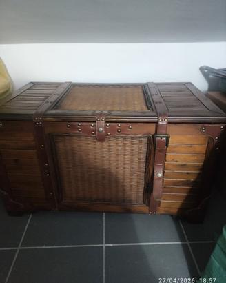 Baule cassapanca contenitore legno vimini vintage