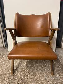 Poltrona vintage legno e pelle Dal Vera anni 50