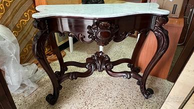 TAVOLO ANTICO IN LEGNO MASSELLO E PIANO IN MARMO