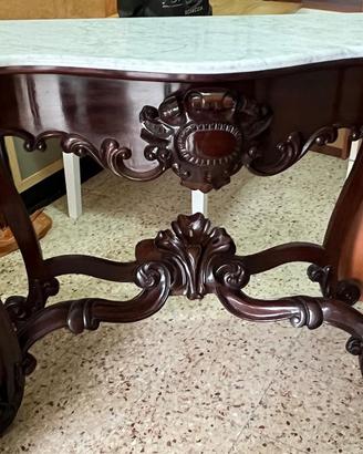 TAVOLO ANTICO IN LEGNO MASSELLO E PIANO IN MARMO