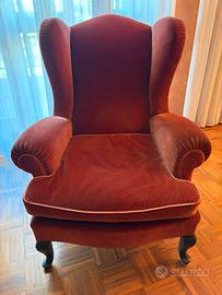 Poltrona vintage bergere in velluto color mattone