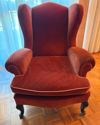 Poltrona vintage bergere in velluto color mattone