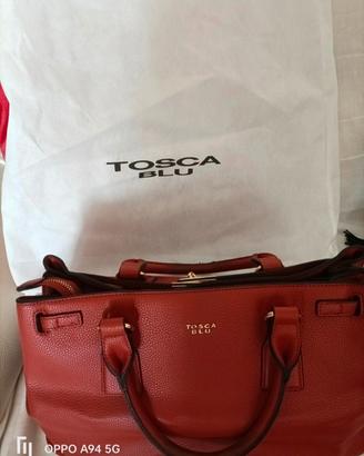 Borsa tosca blu, colore mattone, con manici usurat