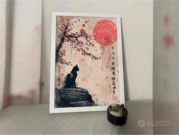 Poster Gatto &  Onda Giapponese Cornice Bianca A4