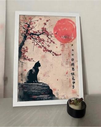 Poster Gatto &  Onda Giapponese Cornice Bianca A4