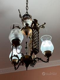 Lampadario bronzo, vetro e ceramica