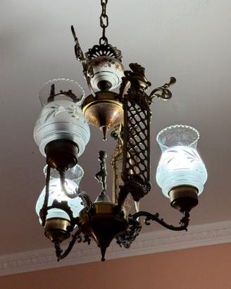 Lampadario bronzo, vetro e ceramica