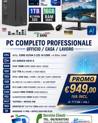 PC COMPLETO INTEL 225 16GB MONITOR 24" WIN 11  PRO
