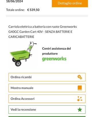 Carriola elettrica Greenworks - senza batteria