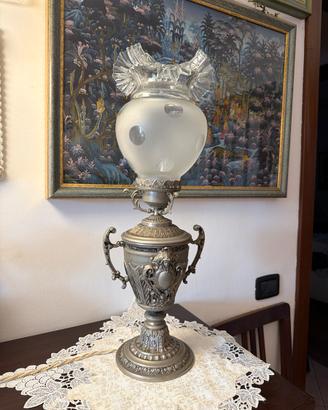 Coppia Lampade Tavolo Vintage in Peltro e Vetro
