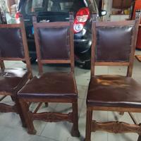 4 sedie vintage in legno e pelle marrone
