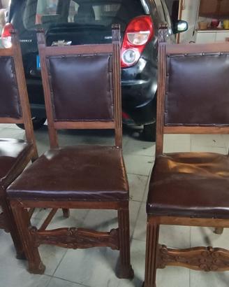 4 sedie vintage in legno e pelle marrone