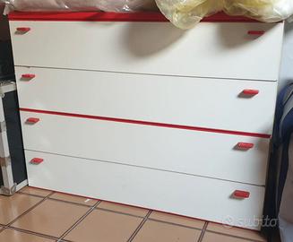 Cassettiera bianca con dettagli rossi