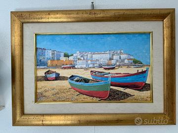 Quadro Dipinto Marina Barche Paesaggio