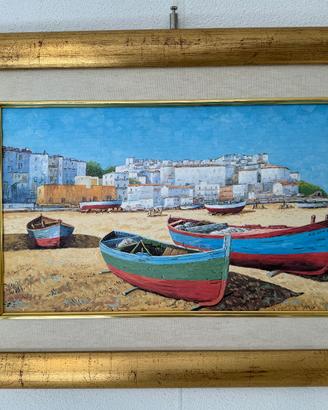 Quadro Dipinto Marina Barche Paesaggio