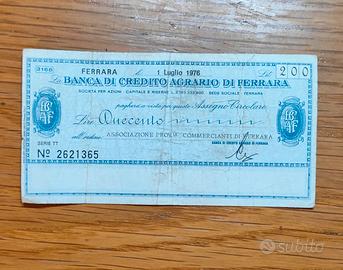 Assegno circolare 200 lire banca credito Ferrara