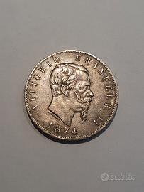 Moneta 5 Lire Vittorio Emanuele II 1874 