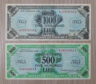 Coppia Banconote A.M. Lire, 1.000 e 500.