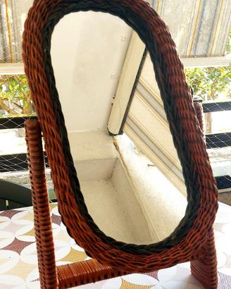 Specchio da Tavolo Vintage Anni '70 in Rattan e Mi