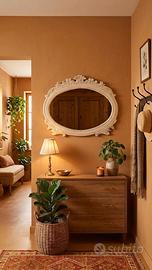 specchio ovale cornice legno bianca intagliata
