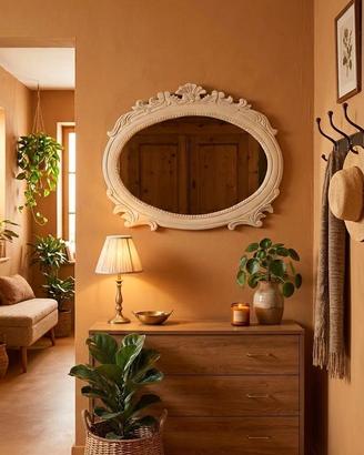 specchio ovale cornice legno bianca intagliata