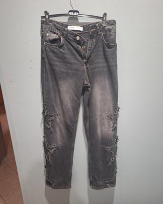 Jeans denim neri baggy con stelle