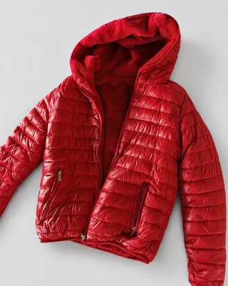 Piumino donna double face rosso con cappuccio