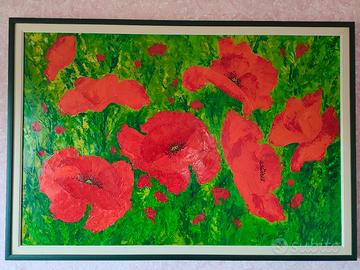 Quadro olio su tela spatolato, Campo di papaveri