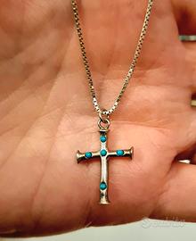 Collana argento e croce con pietre turchesi