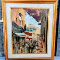 Quadro con Mercatino dipinto a olio firmato a mano