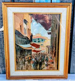 Quadro con Mercatino dipinto a olio firmato a mano