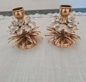 Coppia portacandele in ottone e cristallo
