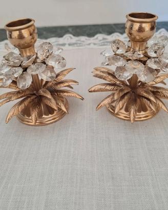 Coppia portacandele in ottone e cristallo
