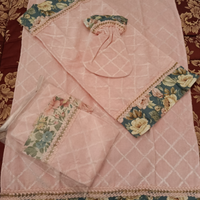Asciugamani+tappeti rosa c/ bordure in fantasia
