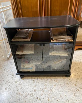 Mobiletto porta Tv c/ante in vetro nero con ruote